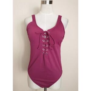 California Waves Womens One Piece Swimsuit Lace Up Front Burgundy Wine Red XS